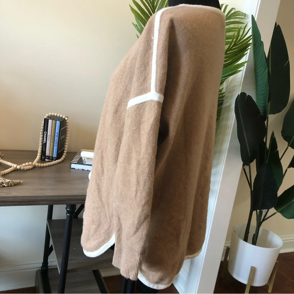 J. Crew 100% Wool Soft Tan Crew Neck Sweater with White Trim